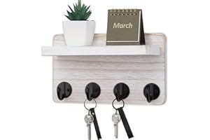 Nekon Key Holder Wall Mount, 8.5 Inch Small Home Decor Wooden Wall Organizer with 4 Hooks and Shelf, Wall Decor for Living Room Entryway Kitchen (Vintage White)