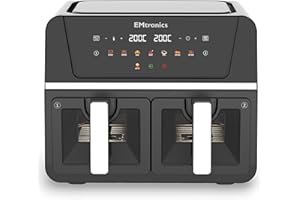EMtronics 9L Dual Zone Air Fryer with Windows 2400W Family Size, 8 Preset Cooking Mode, Match Cook & Smart Finish Functions, 9 Litre - Black