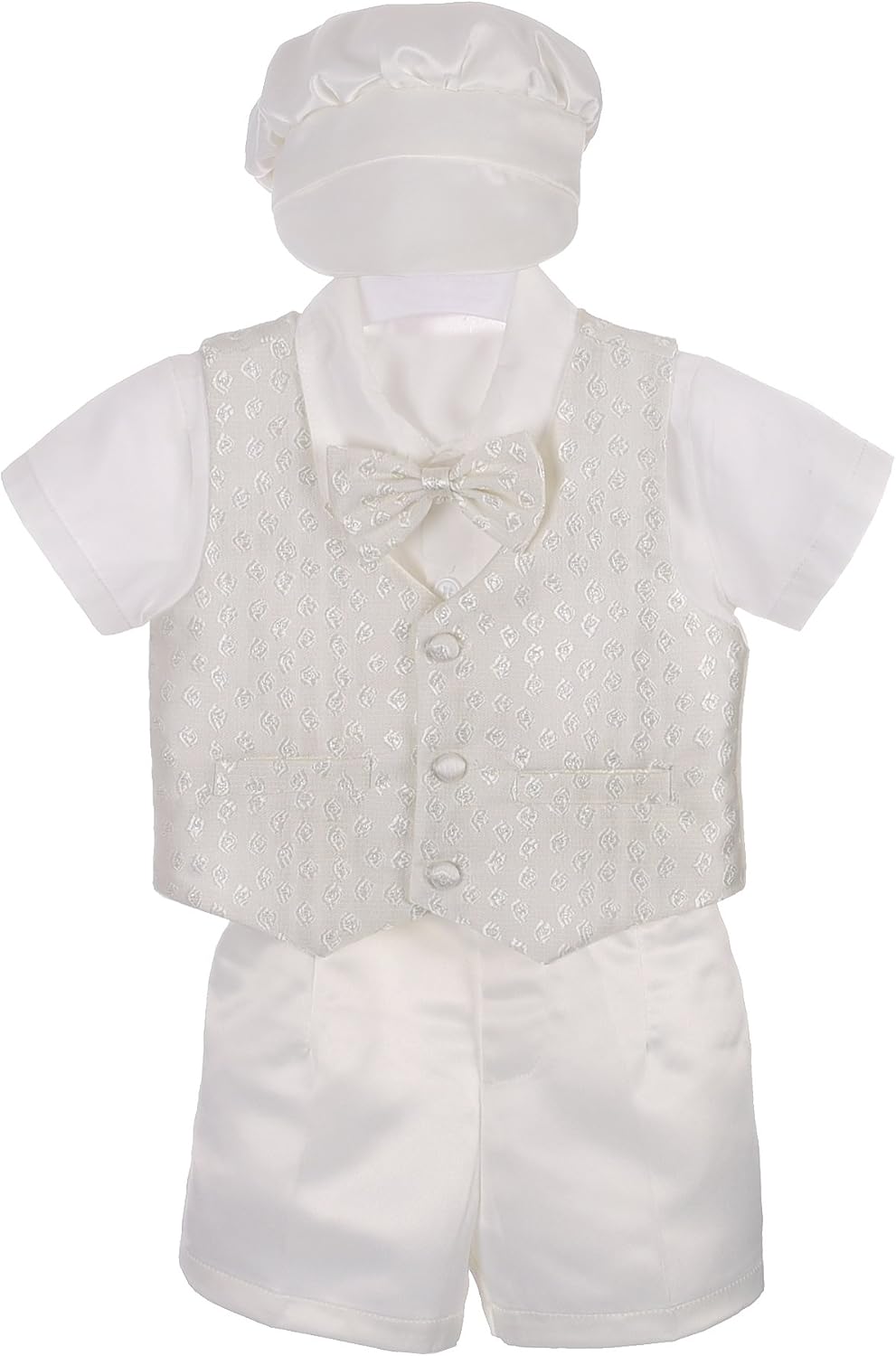 Lito Angels 4 Piezas Saten Ropa de Bautizo Traje de Bautismo para Bebe Niño, con Gorro Capó, Manga Corta, Blanco, A