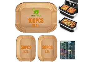 ANHOW 200 Piezas Papel Freidora Aire, Papel para Air Fryer Cosori Dual Blaze TwinFry 10 L/Ninja Air Fryer AF500EU 5,2-10,4 L/Cecotec Cecofry Dual 9000 9 L, 10 L y 11 L, Accesorios Airfryer