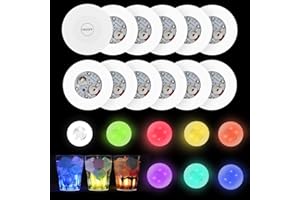 NODCOWS 12 Pezzi Sottobicchieri a LED Adesivi Luci D'atmosfera con 6 Luci Colorate e 6 Luci Bianche Frette, Autoadesivi Sottobicchiere a LED per Bevande Caffè Bottiglie Feste Matrimoni Bar