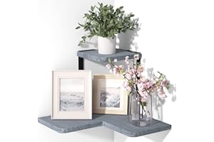 SRIWATANA Corner Shelves, 2 Tier Floating Shelves Wall Mounted, Rustic Wood Wall Shelves for Bedroom, Living Room, Bathroom, Kitchen, Office, Grey