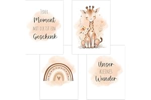 POLYMEDIA 4er Set Baby DIN A3 Bilder mit Giraffe, Regenbogen und Sprüchen, Poster mit Tiermotiv für Babyzimmer, 200g/m² Papier, Kinderzimmer Wanddeko, für Bilderrahmen, Dekoration für Jungen & Mädchen, Beige