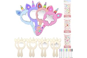 GAROMIA 12 Bricolage Miroir Kits Licorne Bricolage Activite Manuelle Licorne Artisanat en Bois à Peindre avec Pinceaux Activite Manuelle Princesse Sirene pour Activité Manuelle Enfants Cadeau Fête