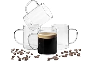 ComSaf Juego de 4 tazas de café de cristal de 14 oz/400 ml, taza de té sin plomo con mango grande para bebidas calientes/frías,taza grande para té americano,vasos para beber, transparente, regalo