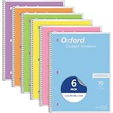 Oxford Spiral not defteri, 6'lı paket, 1 b&ouml;lme, kolej kağıdı, 20,3 x 26,8 cm, pastel pembe, turuncu, sarı, yeşil, mavi ve mor