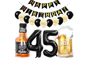 Conruich Birthday Decoration 45 Years Man Woman, Balloon 45th Birthday Decoration Man, Foil Balloon Number 45 Black, Helium Balloon Whiskey Beer Glass for 45th Birthday Man Party Decoration