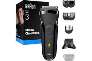 Braun Series 3 Golarka elektryczna, 3 elastyczne ostrza, Nasadka trymera do zarostu, +5 grzebieni, maszynka dla mężczyzn do golenia na sucho, zaprojektowana w Niemczech, 300BT, Szary