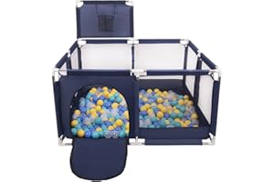 Selonis Parc Bébé avec 400 Balles Plastiques Aire De Jeu Pliable Basket, Bleu:Turquoise/Bleu/Jaune/Transparent