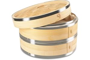 KYONANO Cuit Vapeur en Bambou, Panier Cuit Vapeur en Bois de Bambou, Cuisson Vapeur Rouleau de Printemps, Wonton, Dim Sum, Boulettes Viande, Poulet, Poisson, Légumes, PDF Recette Cuisine Asiate