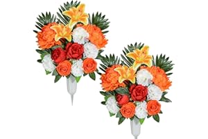 SIFOEL Lot de 2 fleurs de cimetière artificielles avec vase, fleuriste arrangé, bouquets de pivoine de lys pour pierre tombale en plein air, décoration funéraire (orange)