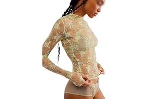 Caziffer Women's Lace Layering Top Long Sleeve Sheer Mesh Mock Neck Undershirt Y2K Lace Floral Tops See Through Shirt Blouse