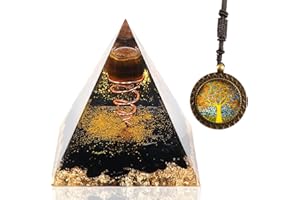 ZOOFUEL Crystal Pyramid, Orgone Crystal Pyramid with Life Tree Necklace, Tiger's Eye Crystal Sphere with Obsidian Crystal Orgonite Pyramid, Embraced by Copper Spiral Chakra Reiki Meditation Pyramid