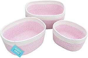 OrganiHaus Set of 3 Pink Small Baskets for Storage - Baby Storage Baskets for Shelves - Woven Storage Baskets for Nursery Decor - Skin Care Organizer - Rope Storage Baskets - Bathroom Storage Baskets
