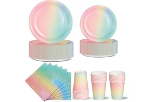 Nkaiso 96 Piezas Arco iris Vajilla Fiesta Cumpleaños, Platos y Vaso Cumpleaños Infantil, Set de Party Decoración Platos Desechable Servilletas para Navidad, Barbacoas, Fiestas -24 Invitado