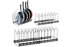 KATLKIU Organizzatore Pentole e Coperchi Regolabile 2 Pezzi, con 20 Divisori Totali, Porta Padelle per Credenza, Portacoperchi Cucina, Supporto Pentole e Tegami in Metallo Robusto – Nero