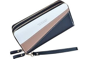 YIXUAN LLC Damen Geldbörse mit Doppeltem Reißverschluss Geldbörse PU Leder Telefon Geldbörse für Frauen Große Kapazität Lange Clutch Geldbörse mit Mehreren Kartensteckplätzen Armband Geldbörse
