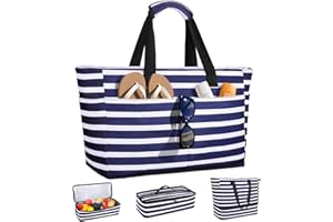ISEYOU Borsa Mare Donna Grande XXL con Borsa Frigo Staccabile, Borsa Spiaggia Famiglia 49L Impermeabile alla Sabbia con Cerniera, Pieghevole e Leggera Borse Tracolla Per Viaggio, Piscina & Palestra