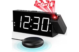 Mesqool Despertador para Sordos con Vibracion, Despertador Proyección con 180° Proyector, Gran Pantalla led, 5 Brillos, 2 Relojes Despertadores, Snooze para Dormitorio/Oficina/Cocina