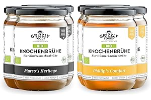 Grizzly Foods • Bouillon d'os bio de bœuf et de poulet (6 x 500 ml) • Plus de 20 g de collagène par verre • Cuit pendant 72 heures • 100 % naturel • Sans sucre, sans additifs • Nutriments précieux •