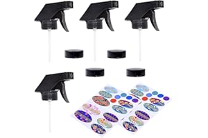 KARE & KIND Replacement Spray Nozzles and Storage Caps for 8oz / 16oz Essential Oil Bottles. 4 Trigger Sprayers with Fine Mist, Powerful Stream and 'Off' Settings, 4 Storage Caps, 78 Labels.