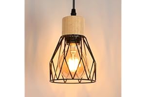 Toolight Suspension Luminaire Vintage Industrielle, Lustre Suspension en Fer et Bois Rétro Cage Design Noir E27, Suspensions pour Salle À Manger Cuisine Salon Chambre