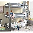 Blisswood Triple Bunk Bed With 3x Mattress Included, 3ft Wooden Bunk Beds With Ladder Triple Sleeper Bunk Bed, Solid Pine Wood Frame Single Triple Bed frame For Kids Children Home (Grey)