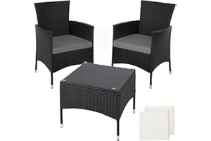 TecTake® Set da Giardino in Rattan Lucerna, Robusto Telaio in Acciaio, Set Sedie da Esterno, Tavolino Salotto con Piano in Vetro, Comodi Cuscini, Design Moderno - Nero