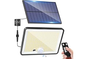 LOTMOS Lampe Solaire Exterieur Detecteur de Mouvement avec Télécommande, 342 LED Lumiere Solaire IP65 Étanche Spot Solaire, 3 Modes Eclairaget Solaire pour Jardin Garage Cour, Blanc Froid