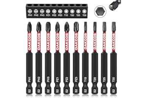 DAKCOS Zestaw długich wkrętaków, 10 szt. zestaw bitów z chwytem sześciokątnym 1/10.2 cm, wiertła z łbem płaskim do elektronarzędzi udarowych PH1/PH2/PH3/PZ1/PZ2/PZ3/T10/T20/T25/T30, stal S2, 75 mm