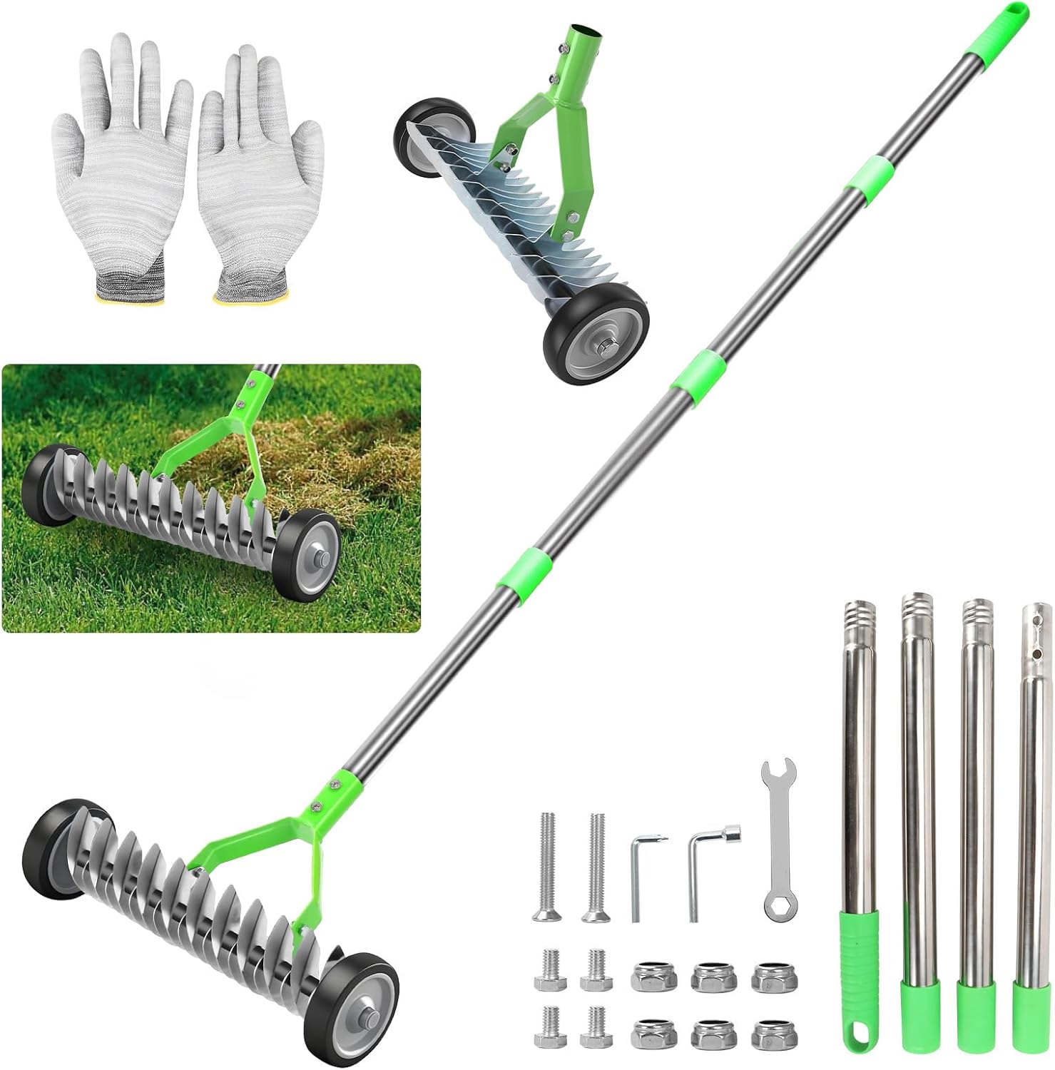 Escarificador manual con ruedas, rastrillo escarificador con mango de 170 cm, ancho de trabajo de 32 cm, rastrillo de metal para jardín, patio, césped ajustable