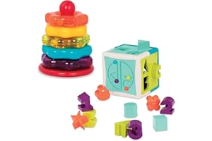 Battat Zestaw do sortowania i układania w stos, 17-częściowy zestaw do sortowania sensorycznego, kostka aktywności z labiryntem koralików, zabawki edukacyjne i zręcznościowe, 2 lata, kostka do