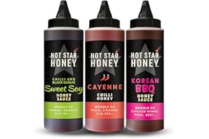 Hot Star Honey Asian Sauce Gift Set – Includes Sweet Soy, Cayenne Chilli & Korean BBQ Sauce – 100% Natural, No Additives – Perfect for Chicken, Pizza, Pasta, Steak & Noodles – Made in UK – 1030g