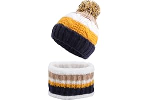 QKURT Winter Beanie Snood Set for Kids, Thermal Fleece Circle Scarf Hat Set Fit for Age of 5~12 Years Old Girls Kids Children