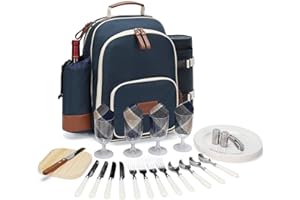 HappyPicnic Isolierter Picknick-Rucksack für 4 Personen mit vollem Edelstahl-Besteck-Set, geräumigem Kühlfach, Flaschenhalter und großer wasserdichter Matte als Geschenk, Blau, Rustical