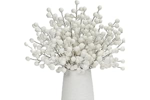 Donfulily 24 Pcs Artificial Snow Berry Stems, 9'' Frosted Holly Berry Branch Christmas Tree Pick Spray for Xmas Tree Decoration Wreath Making Supplies Vase Filler DIY Craft Holiday Home Decor (White)