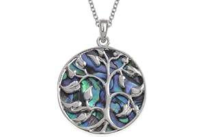 Kiara Jewellery Dwustronny naszyjnik z wisiorkiem z celtyckim drzewem życia inkrustowany po obu stronach niebieskawo-zieloną muszlą uchowca Paua na łańcuszku 45 cm. Nie matowieje., Srebro/rodowany