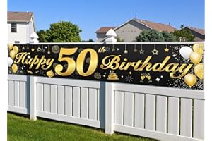 ‎ARMBRACEN 50. Geburtstagsfeier Dekorationen Banner für Männer und Frauen, wesentliche Dekoration für 50. Geburtstagsfeier, Lange Größe Schwarz und Gold 50. Geburtstag Banner 210 × 40 cm (82,7 × 15,7 Zoll)