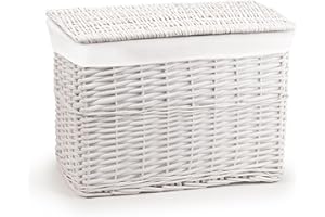 woodluv Full Steamed Willow Wicker Storage Basket Trunk Chest Hamper with Lidded Cloth Lining, Home Storage Solution for Laundry, Toys, Blankets, and More, Medium, White