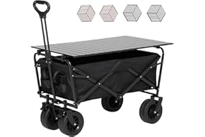 Towallmark Faltbarer Outdoor Camping Wagen mit Bremse, Park Utility Wagon Picknick Camping Wagen mit ø 20cm Alle Terrain Räder, Eisen Klapptischplatte, 4 Plattenmatten