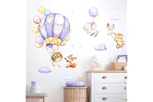 Supzone Adesivi Murali Bambini Mongolfiera Viola, Scoiattolo e Coniglio, Sticker da Parete per Camerette Bambini - Adesivi per Asilo Nido, Camera da Letto e Stanza Giochi