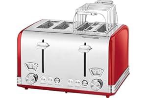 PROFI COOK ProfiCook XXL Tostapane con elegante design vintage - Tostapane a 4 fette con ampia fessura e cassa in metallo massiccio - Tostapane retrò con piano per pane - PC TA 1194 rosso