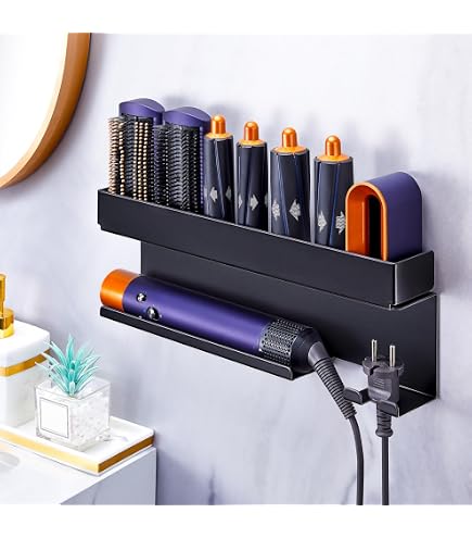 Amersis Wandhalterung Für Dyson Airwrap & Lockenstäbe – Aluminium, Schwarz-gold, Mit Kabelhalter