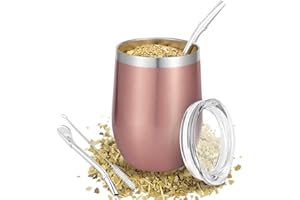 TELANKS Mate Becher Set, 340 ml Mate Tee Tasse, Doppelwandiger 18/8 Edelstahl Enthält Bombillas und eine Reinigungsbürste, Yerba Mate Becher (Roségold)