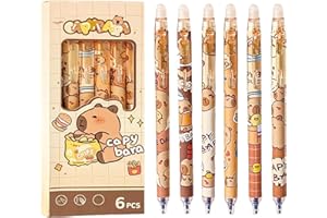FloralGrace Lot de 6 Stylos Rétractables Effaçables Adorables, Stylo Gel Effaçable Capybara, Pointe Fine 0,5 mm, Encre Bleue (Encre Bleue)