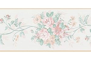 Dundee Deco BD6322 Tapeten Bordüre, vorgeklebt, Blumenmuster, Beige, Pink, Grün, Blumen auf Ranke, Tapetenbordüre Retro-Design, 4,57 m x 14,38 cm