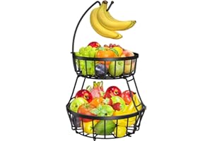 OrderlyGo Thicken Fruit Bowl Basket with Banana Hanger - Durable Detachable Kitchen Countertop Organizer for Fruits, Vegetables, Snacks, Metal Wire Countertop Storage Basket for Kitchen (Black)