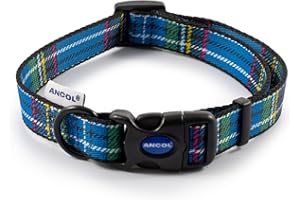 Ancol Dog Collar - Blue Tartan Design - Super Soft Printed Polyester Adjustable Collar Fixings - 30-50cm