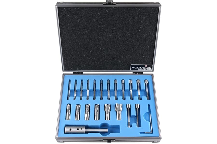 Accusize Industrial Tools 21 Piece Metric H.S.S. Interchangeable Pilot Counterbore Set, Straight Shank, 8.5-16.5 mm, 3620-0122