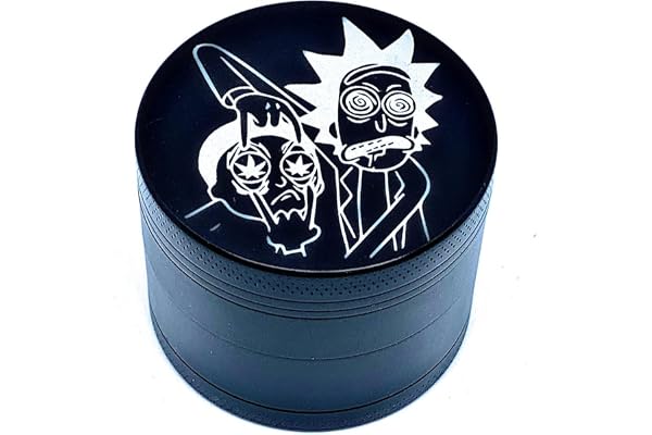 Grinder Rick et Morty 50mm en 4 parties Licks my balls alliage en zinc robuste noir broyeur d'herbes séchées avec sa petite spatule à pollen couvercle aimanté pour une fermeture parfaite